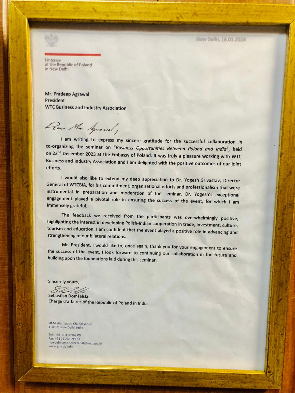 Mr Pradeep Agrawal, President (WTCBIA) has received appreciation from Dr Sebastian Domzalski, Charge d’ affaires of the Republic of Poland in India